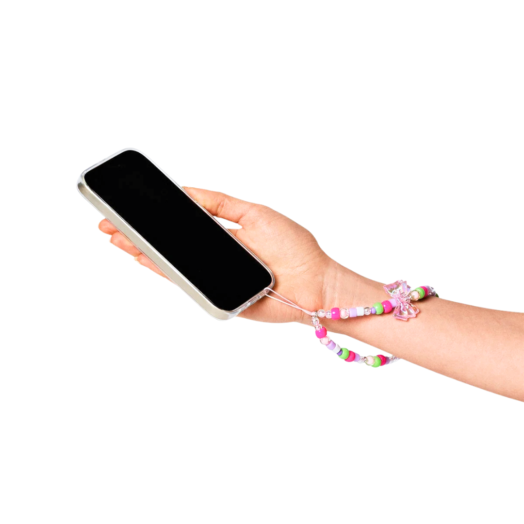 Phone case with a beaded strap threaded through it