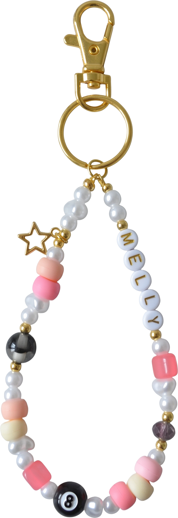 A beaded keyring bag charm with pearls, letter beads and a gold clasp