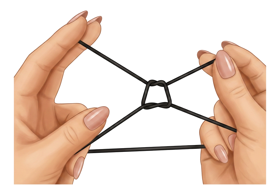 Hands looping the thread once through the center