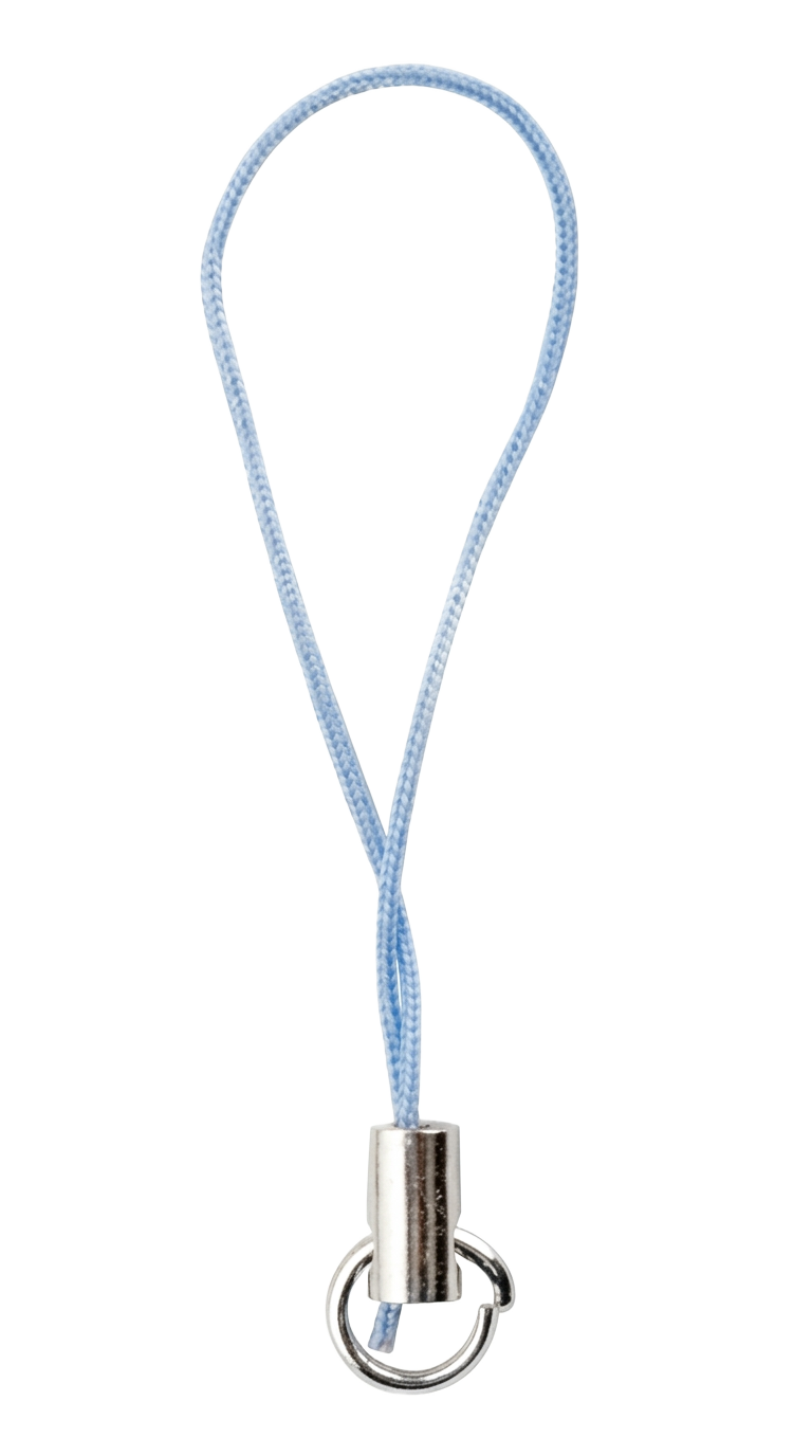 Light blue phone strap attachment with a small metal ring