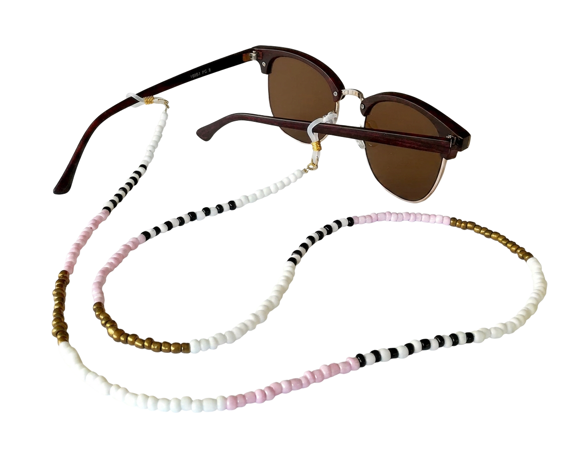 Sunglasses shown from the side with a beaded eyewear chain